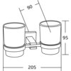 Ilustracja przedstawia schematyczny rysunek podwójnego kubka na szczoteczki z wymiarami: wysokość 95 mm, szerokość 205 mm, odległość między kubkami 90 mm. Produkt wykonany jest w chromowanym wykończeniu.