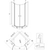 Na ilustracji znajduje się techniczny rysunek kabiny prysznicowej półokrągłej z oznaczeniami wymiarów i elementów, takimi jak F1, E1, E2, F2, A1, X1, Y1, A2, X2, Y2, B1, B2, C1, C2, D oraz R550. Kabina ma uchylne drzwi i jest przedstawiona w widoku z przodu oraz z góry, z dodatkowymi szczegółami konstrukcyjnymi.