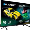 Telewizor BLAUPUNKT 43FCT6000S 43" LED Tizen TV z wyświetlonym obrazem samochodu wyścigowego i tekstem: "BLAUPUNKT", "Tizen OS", "FHD | LED", "Dolby Audio", "IRON LYNX", "Series FCT6000S 43".