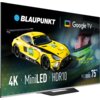 Na zdjęciu widoczny jest telewizor z wyświetlonym obrazem żółtego samochodu wyścigowego oraz tekstami: "BLAUPUNKT", "Google TV", "4K", "MiniLED", "HDR10", "IRON LYNX MOTORSPORT LAB", "Series MCG8000", "75".