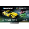 Na zdjęciu widoczny jest żółty samochód wyścigowy z numerem 60 oraz logo "BLAUPUNKT" i "Google TV". Tekst na zdjęciu zawiera informacje: "4K", "MiniLED", "HDR10", "IRON LYNX MOTORSPORT LAB", "Series MCG8000", "75"".