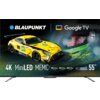 Na zdjęciu widoczny jest telewizor z logo "BLAUPUNKT" oraz "Google TV", a także żółty samochód wyścigowy z numerem 60 i napisami "IRON LYNX" oraz "MOTORSPORT LAB". Na ekranie znajdują się napisy: "4K", "MiniLED", "MEMC", "Dolby ATMOS", "Dolby AUDIO", "Dolby VISION", "Series MCG8000S", "55”" oraz "144 Hz".