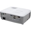 Biało-szary projektor z widocznymi portami wejściowymi i wyjściowymi, w tym HDMI, VGA, USB oraz audio, z logo "ViewSonic" na górnej części obudowy. Na urządzeniu znajdują się również oznaczenia "DLP", "HDMI", "Crestron" oraz symbole certyfikatów.