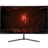 Monitor o zakrzywionym ekranie z wyświetlonym na nim abstrakcyjnym, czerwonym wzorem geometrycznym. Na dolnej ramce widoczne jest logo "acer".
