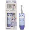Fioletowa szczoteczka soniczna dla dzieci w kształcie kota, obok opakowanie z napisem "innoGIO GIOcat Violet Sonic Toothbrush for Children" oraz ilustracją kota. Na opakowaniu widoczny jest również kwiatowy motyw i oznaczenie "GIO-453VIOLET".