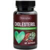 Czarne opakowanie suplementu diety z etykietą w kolorze bordowym, na której widnieje biały napis "Skoczylas CHOLESTEROL", zielony pasek z napisem "prawidłowy poziom cholesterolu", oraz ilustracje zielonego serca, karczocha i nasion. Na dole etykiety znajduje się biały napis "60 KAPSUŁEK".