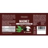 Etykieta suplementu diety "Skoczylas Magnez 4 formy magnezu + B6" zawiera informacje o składnikach, takich jak mleczan magnezu, taurynian magnezu, witamina B6 i ekstrakt z czarnej rzepy, oraz zalecenia dotyczące spożycia: 1 kapsułka dwa razy dziennie. Na etykiecie widnieje również kod kreskowy, logo "Odpowiedni dla wegan" oraz ilustracja czarnej rzepy.