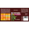 Etykieta produktu "Skoczylas Multiwitamina complex" przedstawia informacje o składnikach, takich jak wapń, żelazo, witamina E, oraz zalecenia dotyczące spożycia, a także grafikę z bambusem. Na etykiecie znajduje się kod kreskowy, logo producenta oraz informacja o ilości kapsułek: 90.