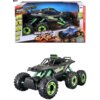 Pudełko z zdalnie sterowanym samochodem terenowym, na którym widnieje napis "Maisto Tech RC Rock Crawler 6X6", z grafiką przedstawiającą pojazd na tle skał. Samochód ma czarne nadwozie z zielonymi akcentami i sześć dużych kół z zielonymi felgami.