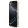 Beżowe etui na telefon z widocznymi przyciskami bocznymi, przeznaczone dla modelu Apple iPhone 17 Pro. Na ekranie telefonu widoczny jest abstrakcyjny wzór z ciemnymi i jasnymi okręgami.