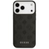 Czarne etui na telefon z wytłoczonym wzorem i napisem "GUESS" na dole. Etui posiada wycięcia na aparat i przyciski, a jego powierzchnia jest ozdobiona powtarzającym się motywem.