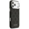 Czarne etui na telefon z wytłoczonym wzorem i napisem "GUESS" na dole. Etui posiada wycięcia na przyciski i aparat, a jego powierzchnia jest ozdobiona symetrycznym wzorem.