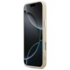 Beżowe etui na telefon z widocznymi przyciskami bocznymi, dopasowane do modelu iPhone 17 Pro Max. Na ekranie telefonu widoczny jest abstrakcyjny wzór z ciemnymi i jasnymi okręgami.