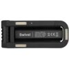 Czarna latarka z widocznym napisem "Swivel" oraz specyfikacjami: "Capacity: 2600mAh, Input: DC5V-1A MAX, Max lumens: 400LM, Running time: 90H", a także symbolami certyfikacyjnymi. Produkt ma prostokątny kształt z zaokrąglonymi rogami i metalowymi elementami.