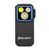 Czarna latarka z trzema widocznymi diodami LED w różnych kolorach, otoczona niebieską ramką. Na obudowie znajduje się logo "OLIGHT".