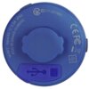 Niebieska latarka z widocznymi oznaczeniami: "ta:45°C Input:5V = 0.5A IP55", "FCC ID:2A4A4S-GOBER2", "R 217-241985", oraz symbolami CE i FC. Na dole znajduje się fioletowy symbol USB.