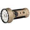 Latarka w kolorze piaskowym z widocznymi detalami, takimi jak wzory na obudowie i logo "OLIGHT". Na latarce znajdują się również symbole wskazujące na funkcje, takie jak przełącznik trybów oświetlenia.