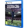 Okładka gry "Football Manager 26 Console" na PS5 przedstawia osobę na stadionie piłkarskim z uniesionymi rękami, otoczoną przez tłum kibiców. Na dole widoczne są logotypy: PEGI 3, Premier League, EFL, Barclays WSL, Barclays WSL2, Sports Interactive oraz SEGA.