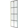 Jednoskrzydłowy parawan nawannowy o wymiarach 60 x 150 cm z czarną kratką i złotym szczotkowanym wykończeniem. Produkt ma prostokątną formę z podziałem na osiem równych sekcji.