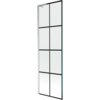 Przesłane zdjęcie przedstawia jednoskrzydłowy parawan nawannowy o wymiarach 60 x 150 cm z czarną kratką i chromowanymi elementami. Produkt ma prostokątny kształt i jest podzielony na osiem równych sekcji przez czarne linie.