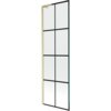 Zdjęcie przedstawia jednoskrzydłowy parawan nawannowy o wymiarach 60 x 150 cm z czarną kratką i złotym szczotkowanym wykończeniem. Produkt ma prostokątny kształt z podziałem na osiem równych sekcji.