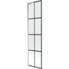 Jednoskrzydłowy parawan nawannowy o wymiarach 50 x 150 cm z czarną kratką i chromowanymi elementami. Produkt ma prostokątny kształt i jest wykonany ze szkła.