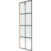 Przedstawiony jest parawan nawannowy z czarną kratką i miedzianym szczotkowanym wykończeniem. Produkt ma jednoskrzydłową konstrukcję o wymiarach 60 x 150 cm.