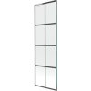 Jednoskrzydłowy parawan nawannowy o wymiarach 60 x 150 cm z czarną kratką i wykończeniem w kolorze niklu szczotkowanego. Produkt ma prostokątny kształt i jest podzielony na osiem równych sekcji przez czarne linie.