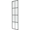 Jednoskrzydłowy parawan nawannowy o wymiarach 50 x 150 cm z czarną kratką i szczotkowanym wykończeniem w kolorze gun gray. Produkt ma prostokątny kształt z metalową ramą i przezroczystymi panelami podzielonymi na osiem sekcji.