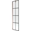 Jednoskrzydłowy parawan nawannowy o wymiarach 50 x 150 cm z czarną kratką i wykończeniem w kolorze różowego złota. Produkt ma prostokątny kształt i jest wykonany ze szkła z metalowymi elementami.