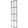 Jednoskrzydłowy parawan nawannowy o wymiarach 50 x 150 cm z czarną kratką i wykończeniem w kolorze różowego złota. Produkt ma prostokątny kształt i jest podzielony na osiem równych sekcji przez czarne linie.