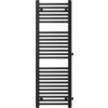 Czarny grzejnik łazienkowy o wymiarach 1200 x 400 mm z poziomymi rurkami i bocznymi pionowymi elementami. Produkt ma prosty, nowoczesny design z równomiernie rozmieszczonymi rurkami.