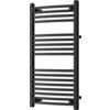 Czarny grzejnik łazienkowy z bocznymi rurkami, o wymiarach 900 x 500 mm, złożony z poziomych, równoległych prętów. Produkt ma prostokątny kształt i jest przeznaczony do montażu na ścianie.