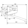 Czarno-biały schemat techniczny baterii wannowej z długą wylewką, z oznaczeniami wymiarów: 336 mm, 180 mm, 71 mm, 110 mm, 150 mm i 265 mm. Produkt to "Mexen Milo bateria wannowa długa wylewka, złota - 71335-50".