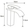 Czarno-biały schematyczny rysunek baterii wannowej z wymiarami: wysokość całkowita 19 cm, długość wylewki 16 cm, wysokość wylewki 11,5 cm.