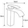 Schematyczny rysunek baterii wannowej z wymiarami: wysokość całkowita 19 cm, długość wylewki 16 cm, wysokość wylewki 11,5 cm.