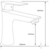 Na ilustracji znajduje się schemat baterii łazienkowej z wymiarami: wysokość całkowita 165 mm, długość wylewki 160 mm, wysokość wylewki 115 mm. Produkt ma prosty, nowoczesny design z płaską wylewką i uchwytem.