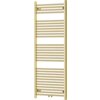Złoty grzejnik łazienkowy o wymiarach 1500 x 600 mm z poziomymi rurkami i dwoma pionowymi kolektorami. Produkt ma moc 576 W i jest oznaczony jako model W110-1500-600-00-50.