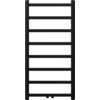 Czarny grzejnik łazienkowy o prostokątnym kształcie z siedmioma poziomymi rurkami. Produkt ma minimalistyczny design i gładką powierzchnię.