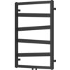 Czarny, dekoracyjny grzejnik łazienkowy o prostokątnym kształcie z kilkoma poziomymi, równoległymi rurkami. Produkt ma nowoczesny design i wymiary 770 x 530 mm.