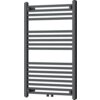 Grzejnik łazienkowy w kolorze antracytowym o wymiarach 900 x 600 mm, zbudowany z poziomych, równomiernie rozmieszczonych rurek. Produkt ma moc 430 W i jest oznaczony kodem W110-0900-600-00-66.