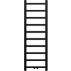 Czarny grzejnik łazienkowy o prostokątnym kształcie złożony z dwóch pionowych rur połączonych poziomymi szczeblami. Produkt ma minimalistyczny design i jest przeznaczony do montażu na ścianie.