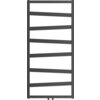 Dekoracyjny grzejnik łazienkowy w kolorze antracytowym o wymiarach 1100 x 530 mm, zbudowany z poziomych, lekko skośnych paneli. Produkt ma moc 376 W i jest oznaczony jako model W130-1100-530-00-66.
