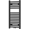 Czarny grzejnik łazienkowy o wymiarach 800 x 400 mm z poziomymi, równomiernie rozmieszczonymi rurkami. Produkt ma moc 320 W i model oznaczony jako W104-0800-400-00-70.