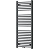 Na zdjęciu znajduje się antracytowy grzejnik łazienkowy o wymiarach 1200 x 500 mm, zbudowany z poziomych, równomiernie rozmieszczonych rurek. Grzejnik ma prostokątny kształt i jest przeznaczony do montażu na ścianie.