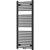 Czarny grzejnik łazienkowy o wymiarach 1200 x 500 mm z poziomymi, równomiernie rozmieszczonymi rurkami. Produkt ma prostokątny kształt i matowe wykończenie.