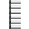 Dekoracyjny grzejnik łazienkowy w kolorze antracytowym, o wymiarach 1200 x 500 mm, zbudowany z poziomych, równoległych rur. Produkt ma nowoczesny design i jest przeznaczony do montażu na ścianie.