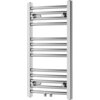 Chromowany grzejnik łazienkowy o wymiarach 700 x 400 mm z poziomymi rurkami i dwoma zaworami u dołu. Produkt ma nowoczesny design i gładką, błyszczącą powierzchnię.