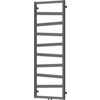 Dekoracyjny grzejnik łazienkowy w kolorze antracytowym o wymiarach 1430 x 530 mm, zbudowany z poziomych, prostokątnych rur. Produkt ma moc 477 W i prostą, nowoczesną konstrukcję.