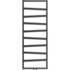 Dekoracyjny grzejnik łazienkowy w kolorze antracytowym o wymiarach 1430 x 530 mm, złożony z prostokątnej ramy i poziomych, skośnych żeber. Produkt ma moc 477 W i jest oznaczony jako "Mexen Zoom".